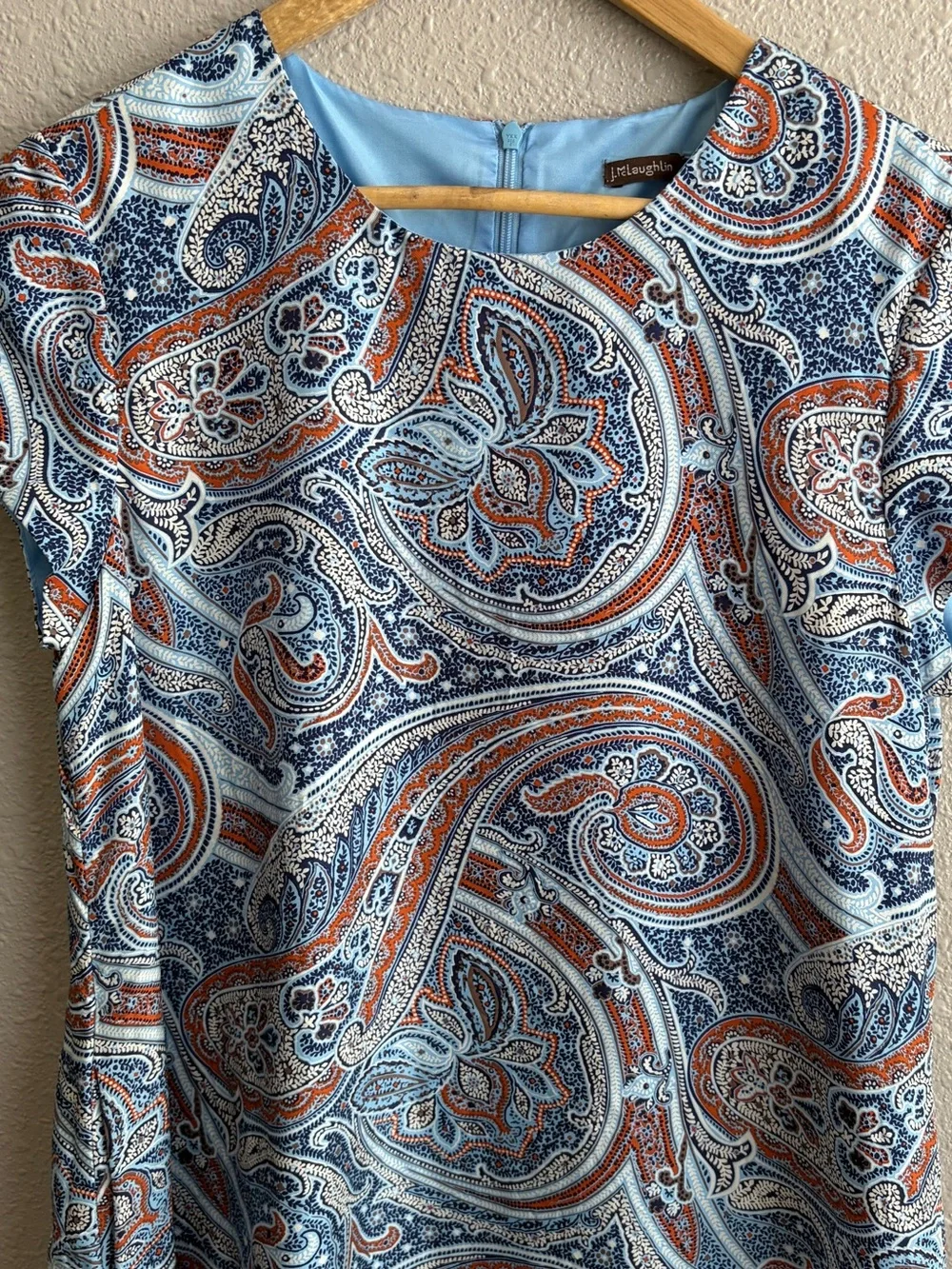 J. McLaughlin Silk Blue Paisley Swing Shift Cap Short Sleeve Lined‎ Dress